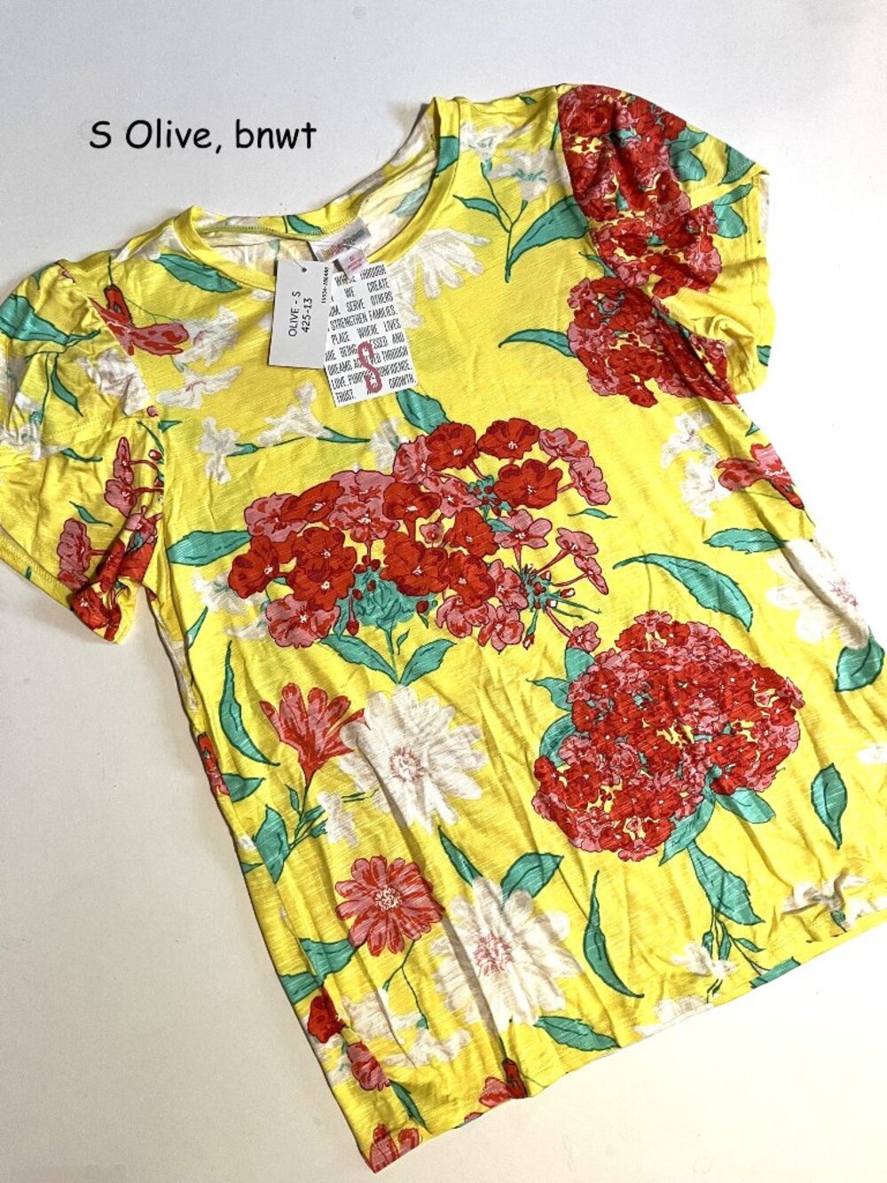 Small Lularoe Olive tulip sleeve top, bright yellow with red, white flowers